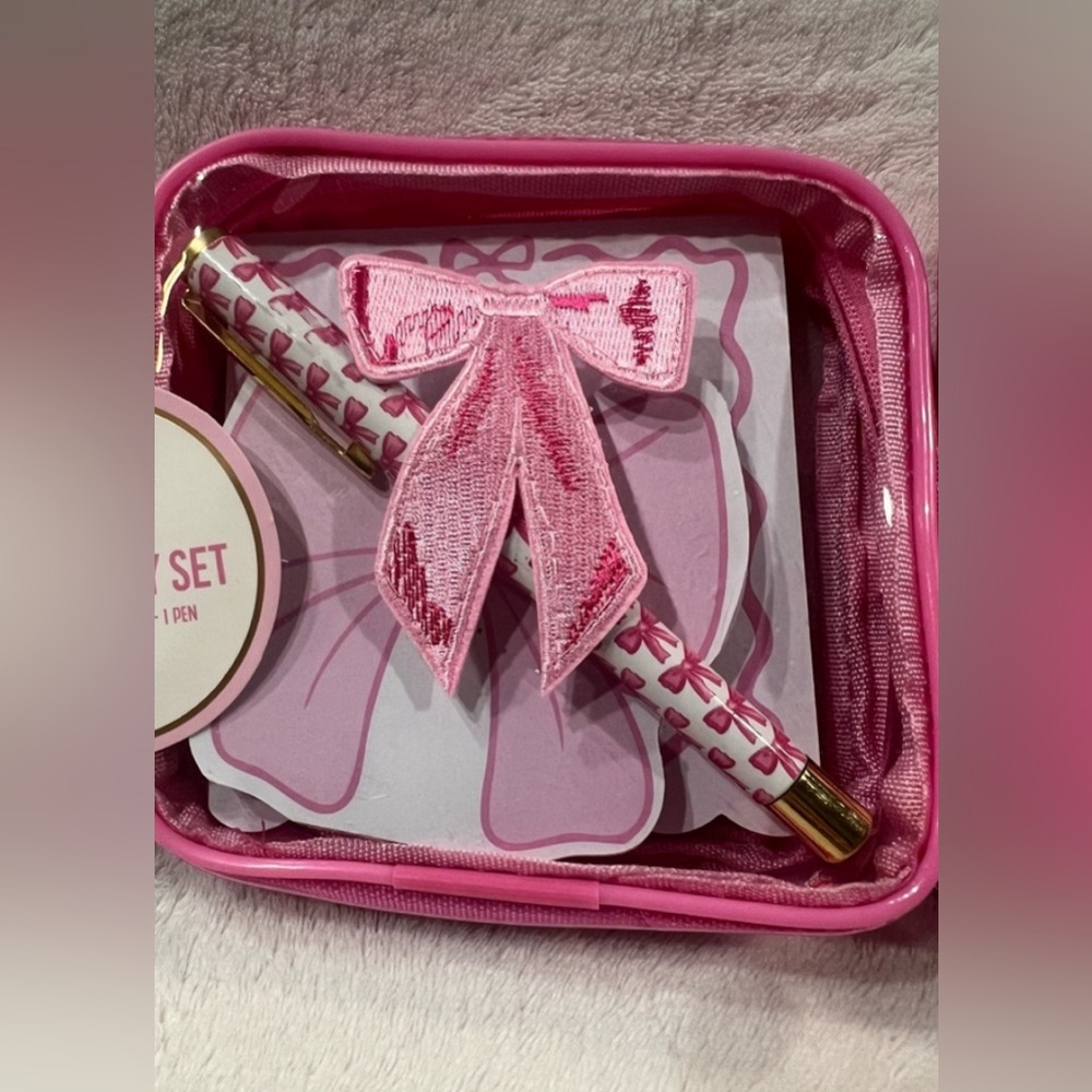Pink Bow Stationery Set | Pen & Writing Pads with Bow Pouch | Cute Desk Gift New